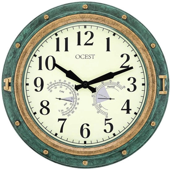 Ora grande per esterno e interno, orologio da parete acqua resistente con termometro, resistente alle intemperie, silenzioso, alimentato da batterie, orologio decorativo per terrazza, piscina, veranda, bagno (40 cm)