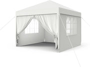 Gazebo Esterno Resistente da Giardino 3 x 3 m con Pannelli Laterali e Finestre in Poliestere Gazebi Tendone per Feste Protezione UV Impermeabile Tenda per Esterni, Bianco