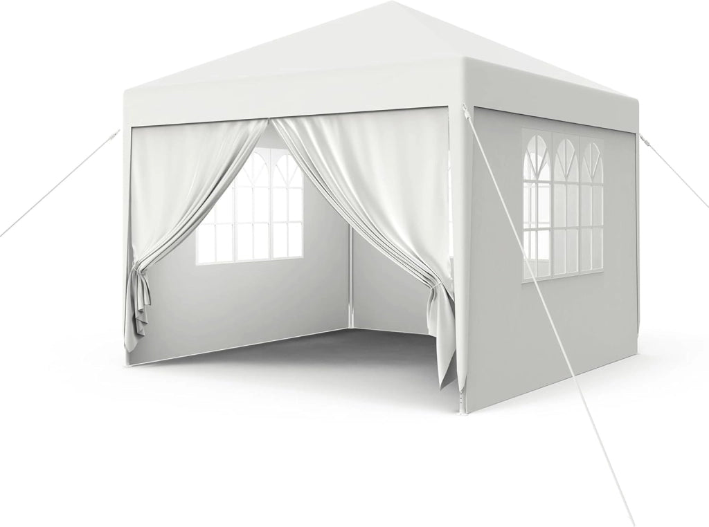 Gazebo Esterno Resistente da Giardino 3 x 3 m con Pannelli Laterali e Finestre in Poliestere Gazebi Tendone per Feste Protezione UV Impermeabile Tenda per Esterni, Bianco