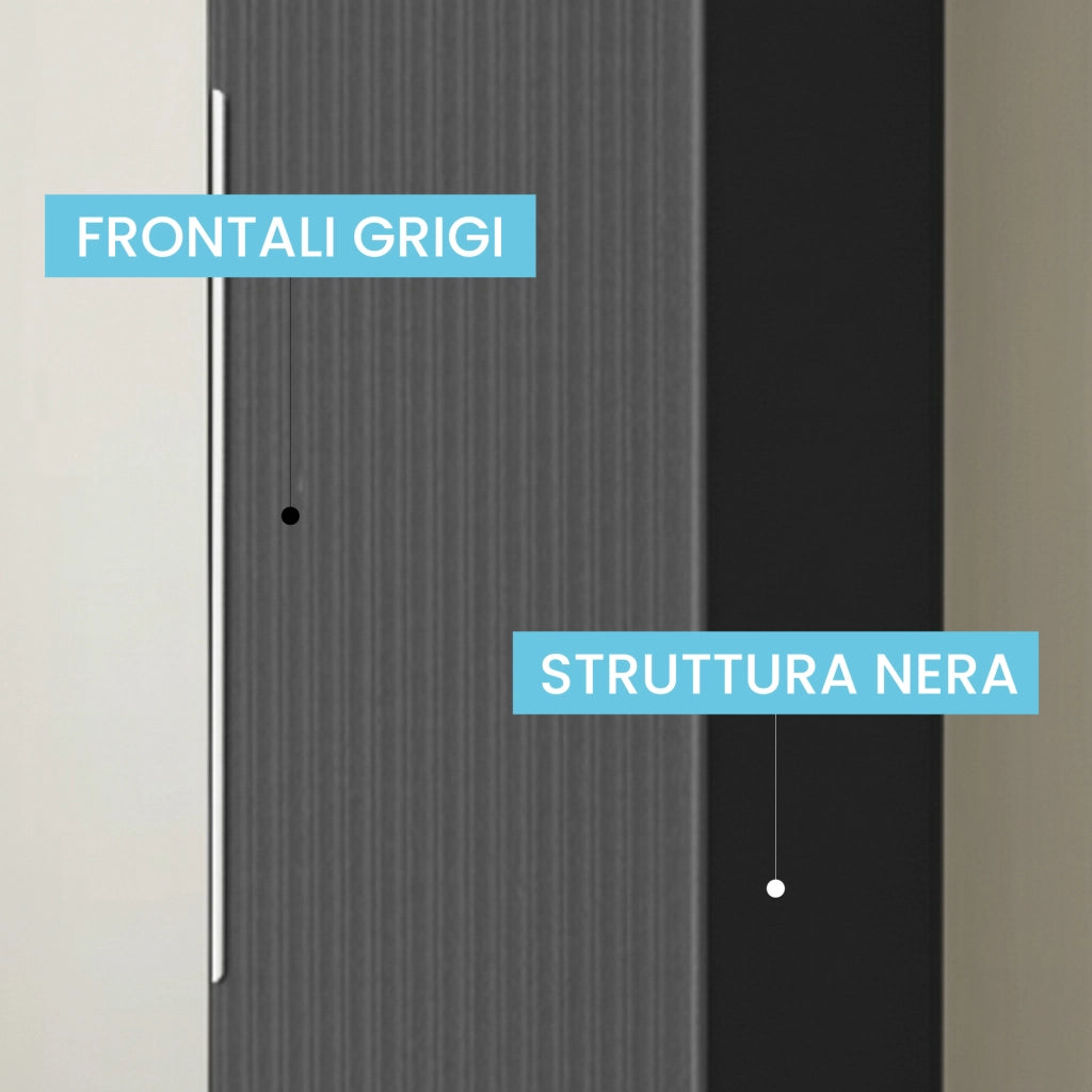 Pensile bagno sospeso 150 cm bicolore grigio cannettato e nero con anta e ripiani Zena