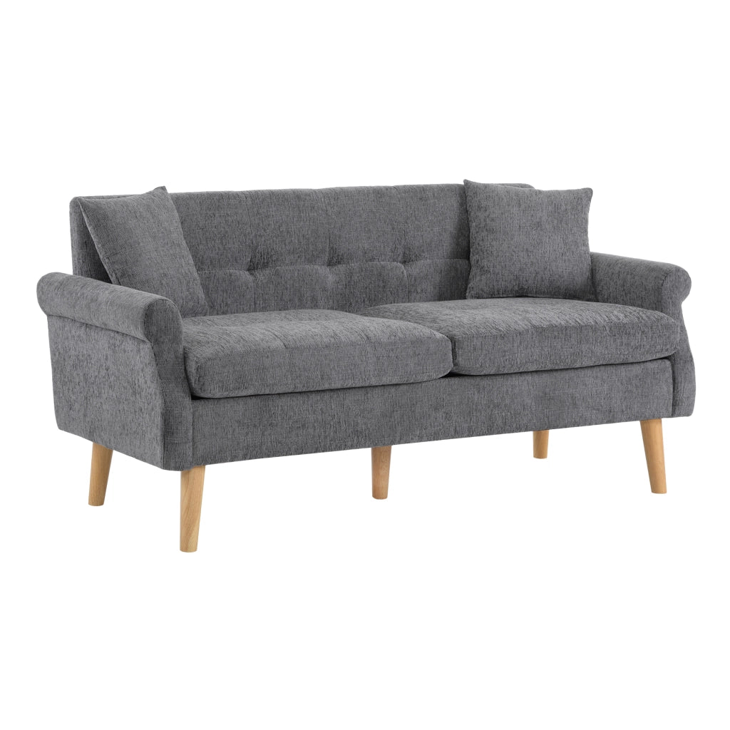 Divano a 2 posti in tessuto Chenille grigio, struttura in legno massello, seduta imbottita 15 cm