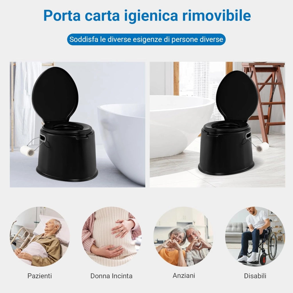 Toilette Portatile WC Chimico, WC da Viaggio Leggero con Secchio Interno Rimovibile,Water Portatile per Adulti e Anziani con Portarotolo, Supporto Carico 200 KG, 41 x 49 x 34 cm (Nero)