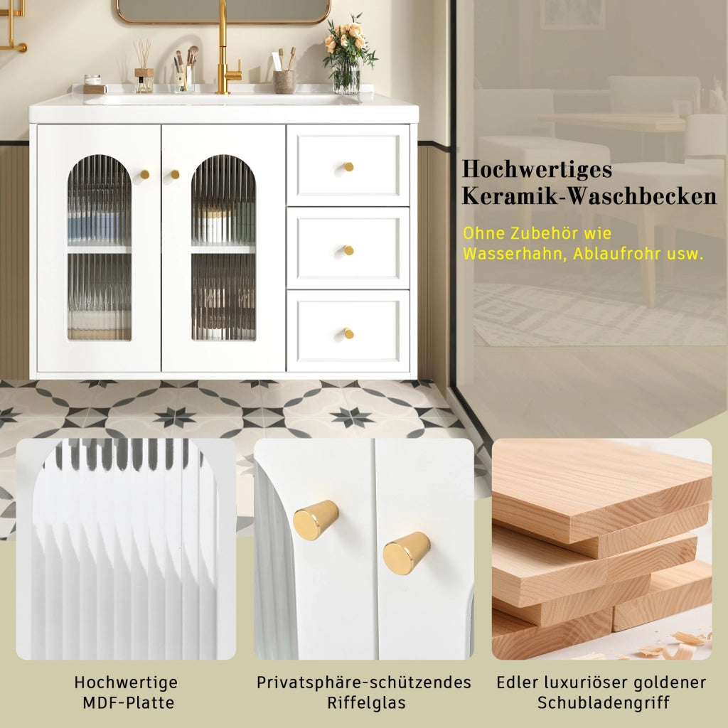 Mobile sottolavabo con lavabo in ceramica, 2 cassetti e anta in vetro, ripiani regolabili, per bagno, bianco