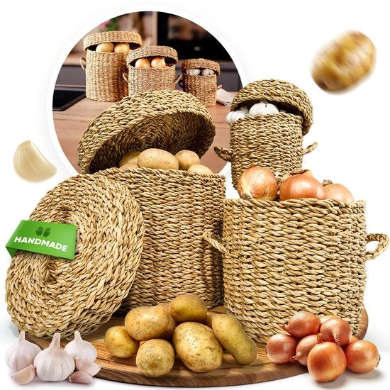 Set di 3 Contenitori per Verdure Naturali – Zeegras Aardappel & Ui Bewaardoos – Ademanti e Chiusi alla Luce – Organizzazione della Cucina Sostenibile