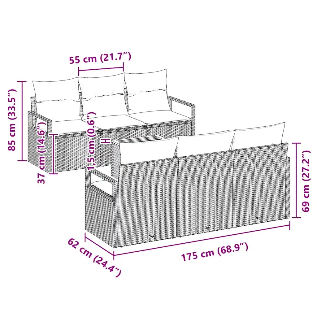 Set Divano da Giardino con cuscino 7 pcs Nero polyrattan 3347653