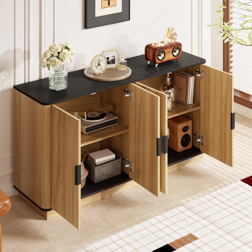 Credenza, mobile a quattro ante, mobile da ingresso, effetto legno, nero e color legno naturale
