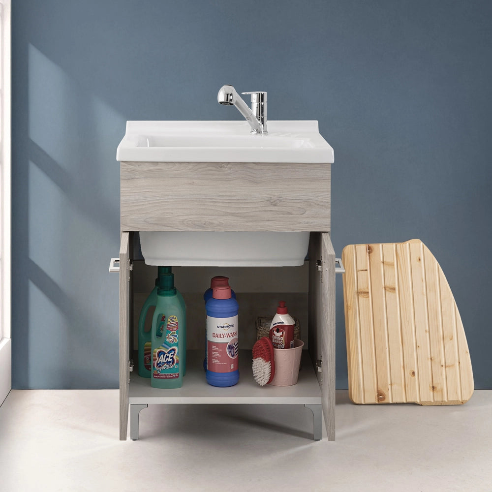 Mobile lavatoio 60x50 rovere grigio Moon con vasca in ceramica Dolomite
