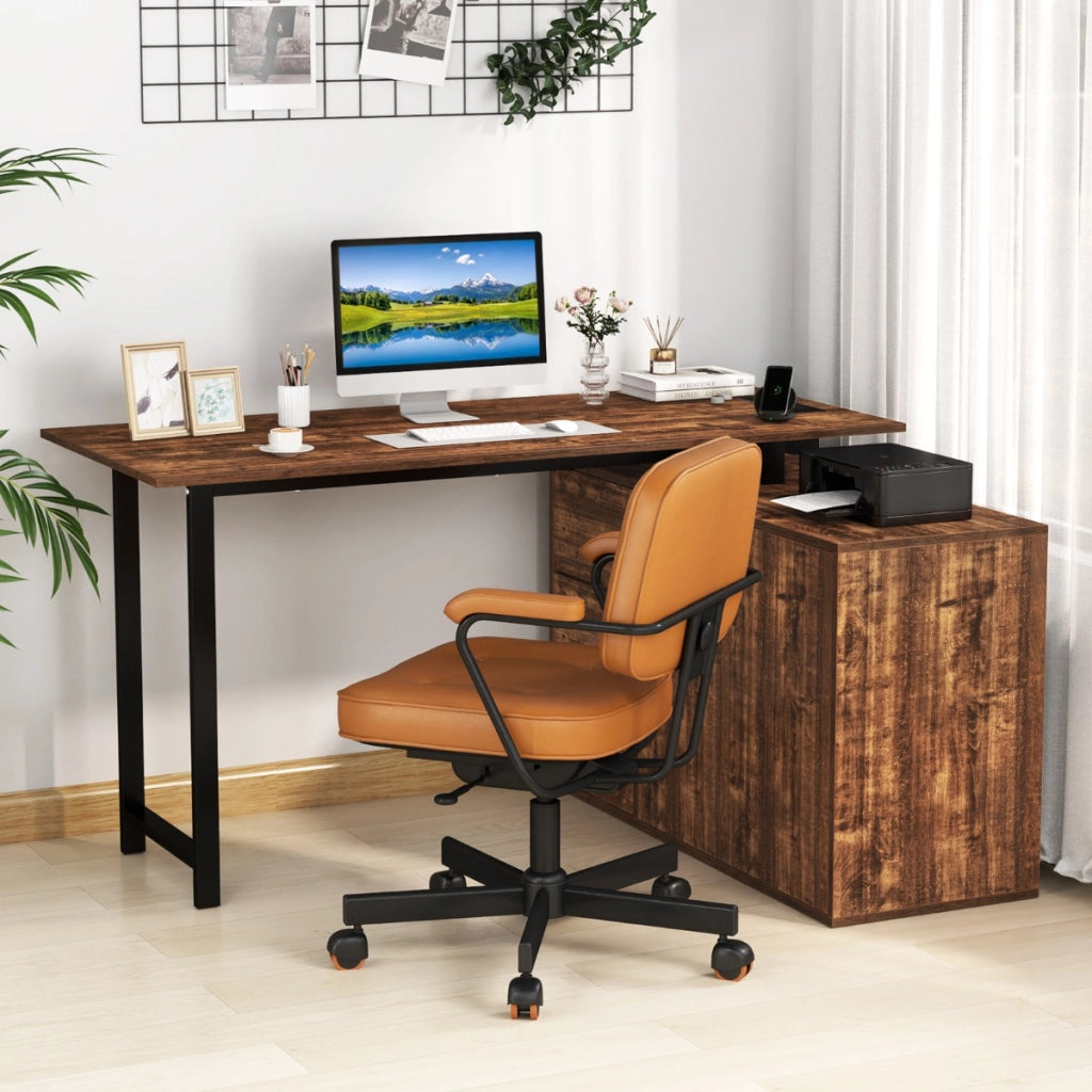 Scrivania angolare a forma di L con presa di corrente, Scrivania per computer reversibile con 3 cassetti Marrone scuro-Scrivanie