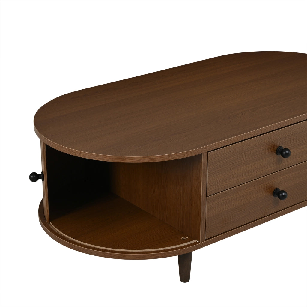 Tavolino da salotto in MDF colore noce con ante avvolgibili, 2 cassetti e gambe in legno massello 100x50x36 cm