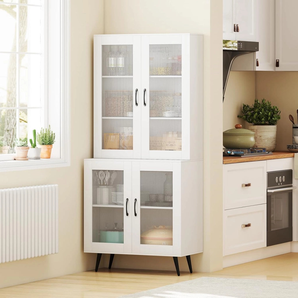 Credenza Alta da Cucina con 4 Ante Trasparente, Armadio a Buffet a 5 Livelli con Ripiani Regolabili, Mobile Dispensa, per Sala da Pranzo, Soggiorno, Bagno, 80 x 40 x 178,5 cm (Bianco)
