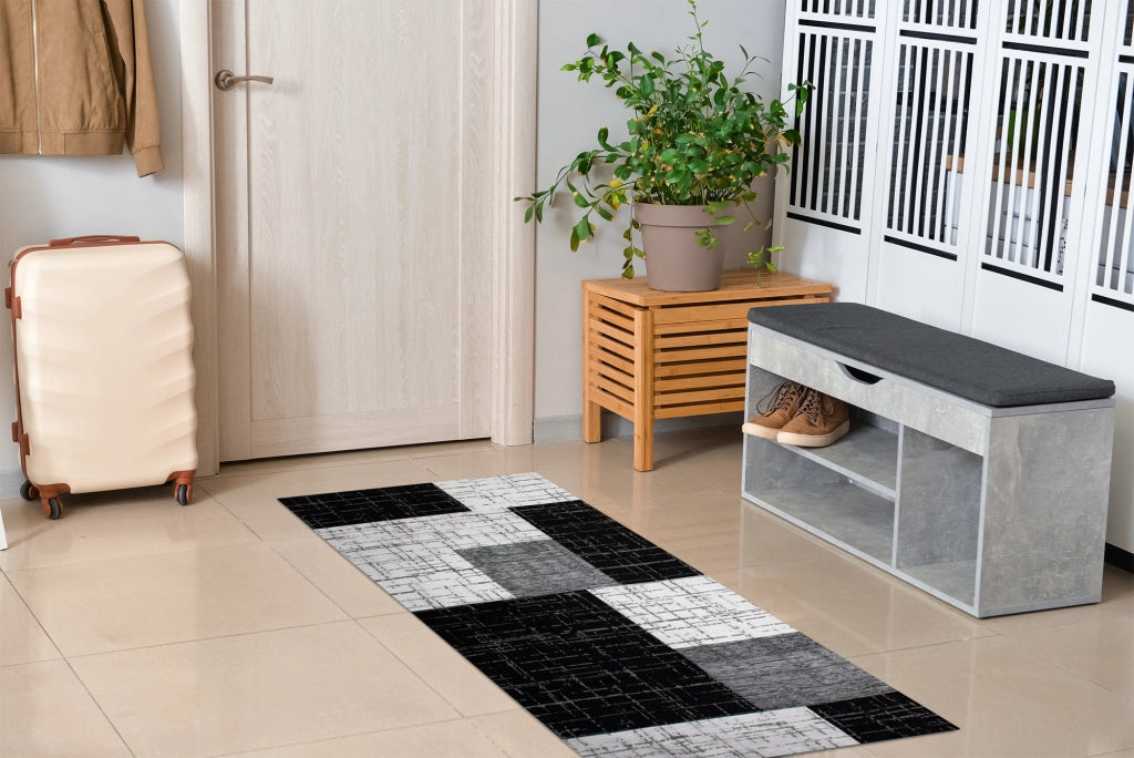 Tappeto Arredo Moderno Morbido in Ciniglia Ingresso Antiscivolo Prodotto Italiano  Soggiorno Camera Salotto Disegni Piazzati Cotone Varie Misure Grande Mondrian/Nero - 65x115 cm