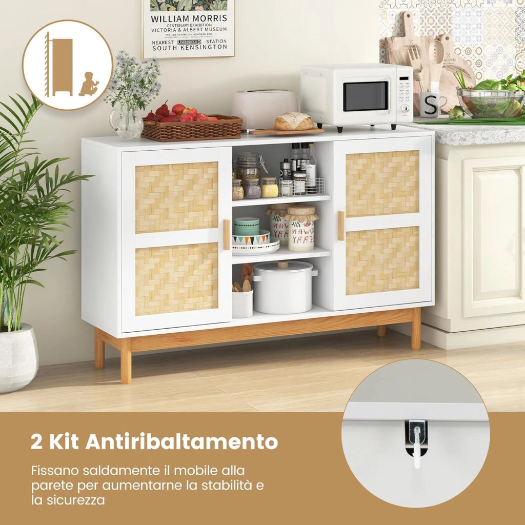 Credenza Buffet da Cucina, Mobile da Cucina con 2 Porte Intrecciate in Bambù, 3 Ripiani Aperti, per Cucina, Sala da Pranzo, Soggiorno e Ingresso, 120 x 35 x 78 cm