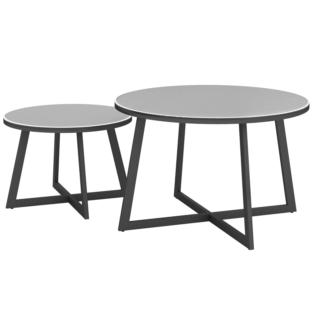 Set 2 Tavolini per Esterni con Piano in Vetro Temperato, ?70x45 cm e ?50x35 cm, Grigio