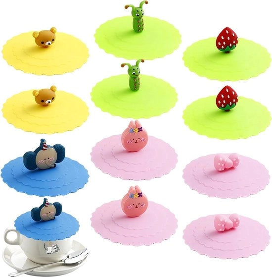 Set di coperture per contenitori in silicone da 12 - impermeabili e anti-polvere - tema cartoni animati animali