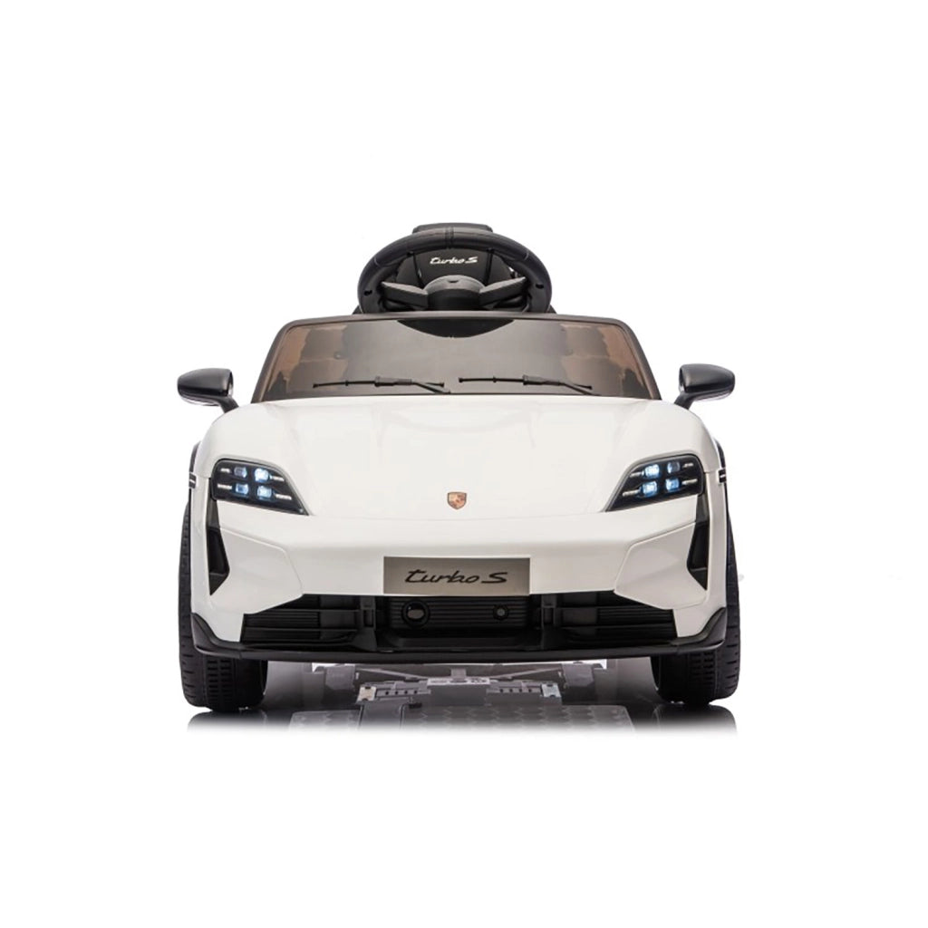 Macchina Elettrica per Bambini Porsche Taycan Turbo S 12V con Telecomando Bluetooth Luci LED e Tappetini Bianco