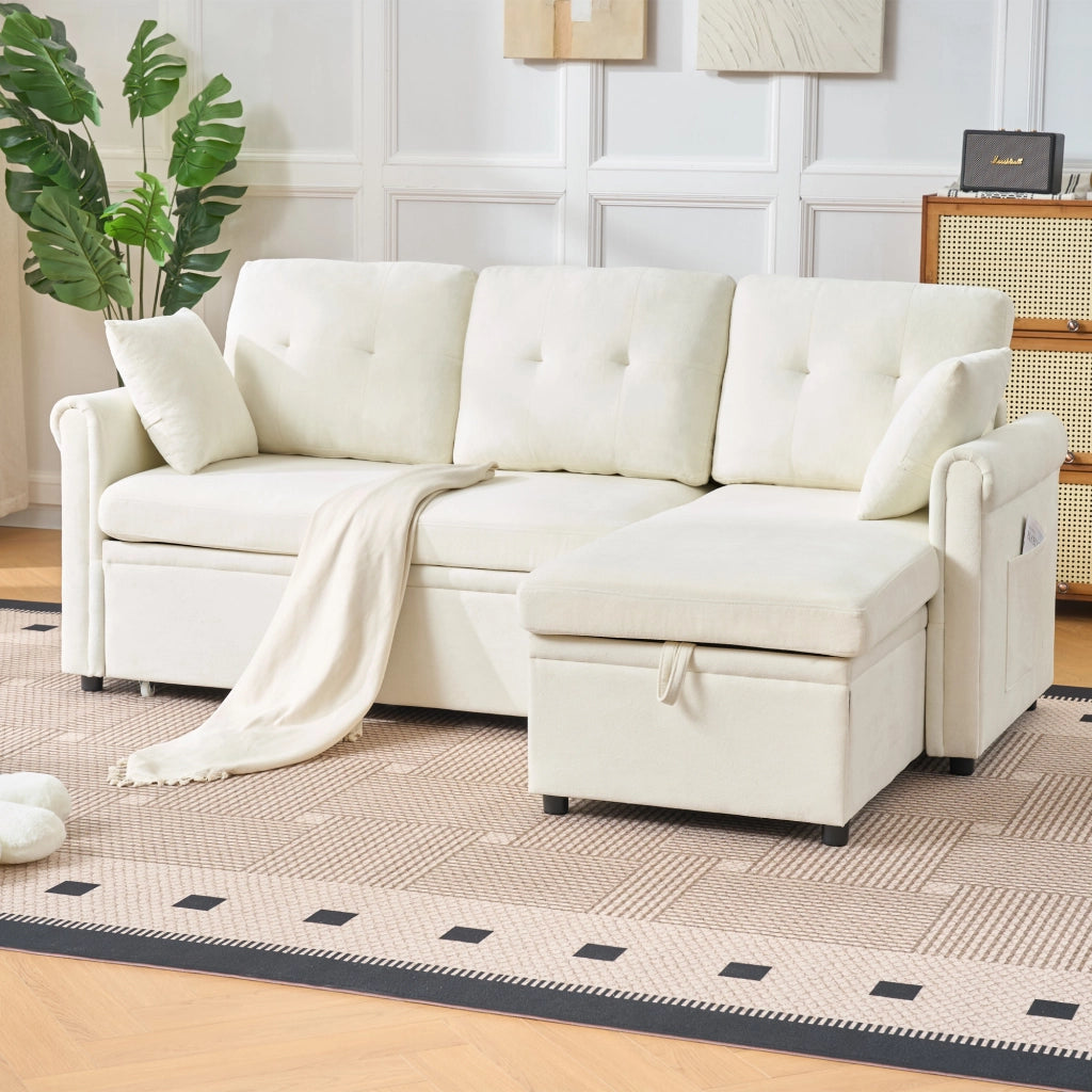 Divano angolare convertibile con letto, contenitore e chaiselongue reversibile con tasche laterali in chenille beige