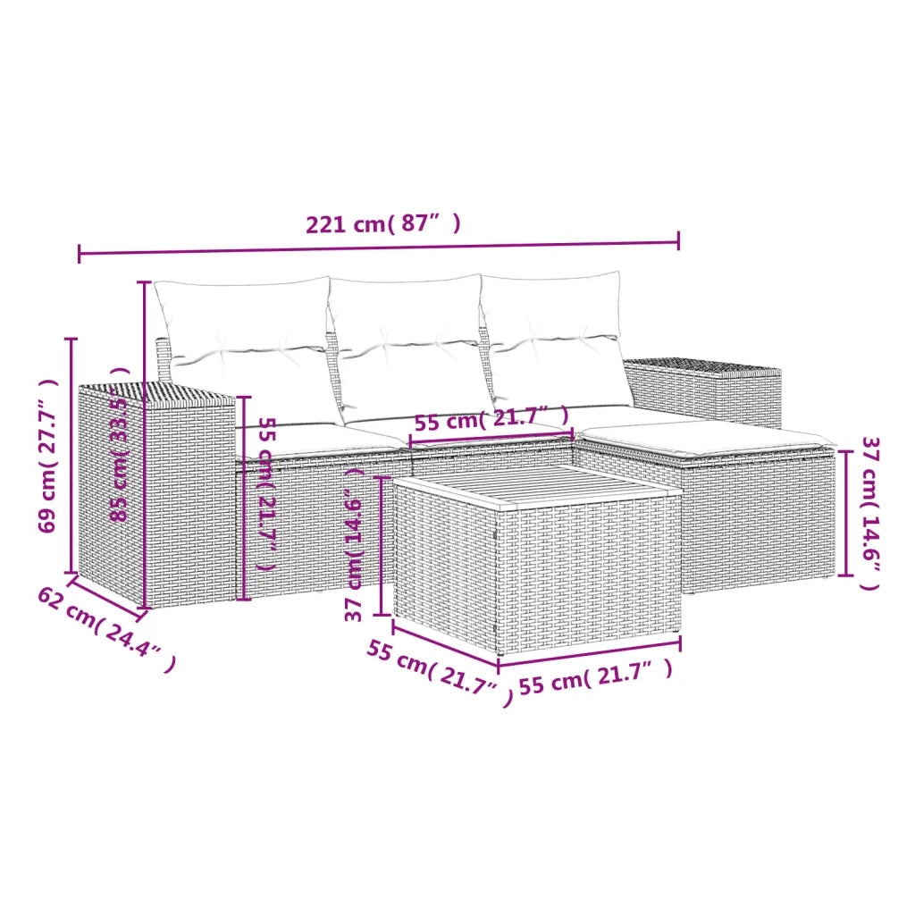 Set Divano da Giardino 5 pz con Cuscini Grigio in Polyrattan 3225416