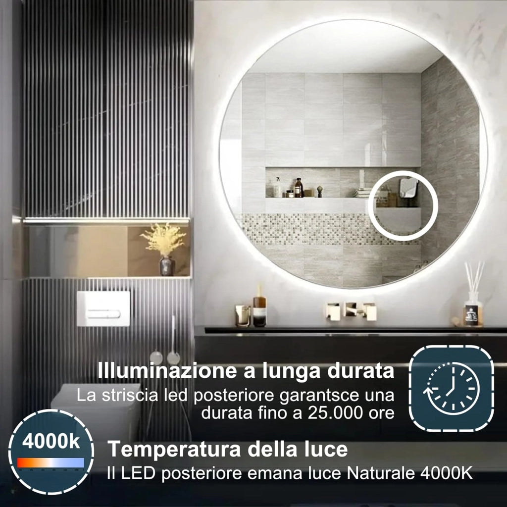 Specchio Rotondo 80 cm GENIUS con Ingranditore Integrato, Specchio Bagno Led Personalizzabile, Led 4000K, Specchiera Bagno Made in Italy