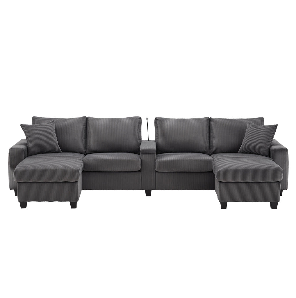 Divano a U ULEVR 334x128,5x81 cm in velluto a coste grigio con 2 pouf contenitore, LED, USB e Type-C