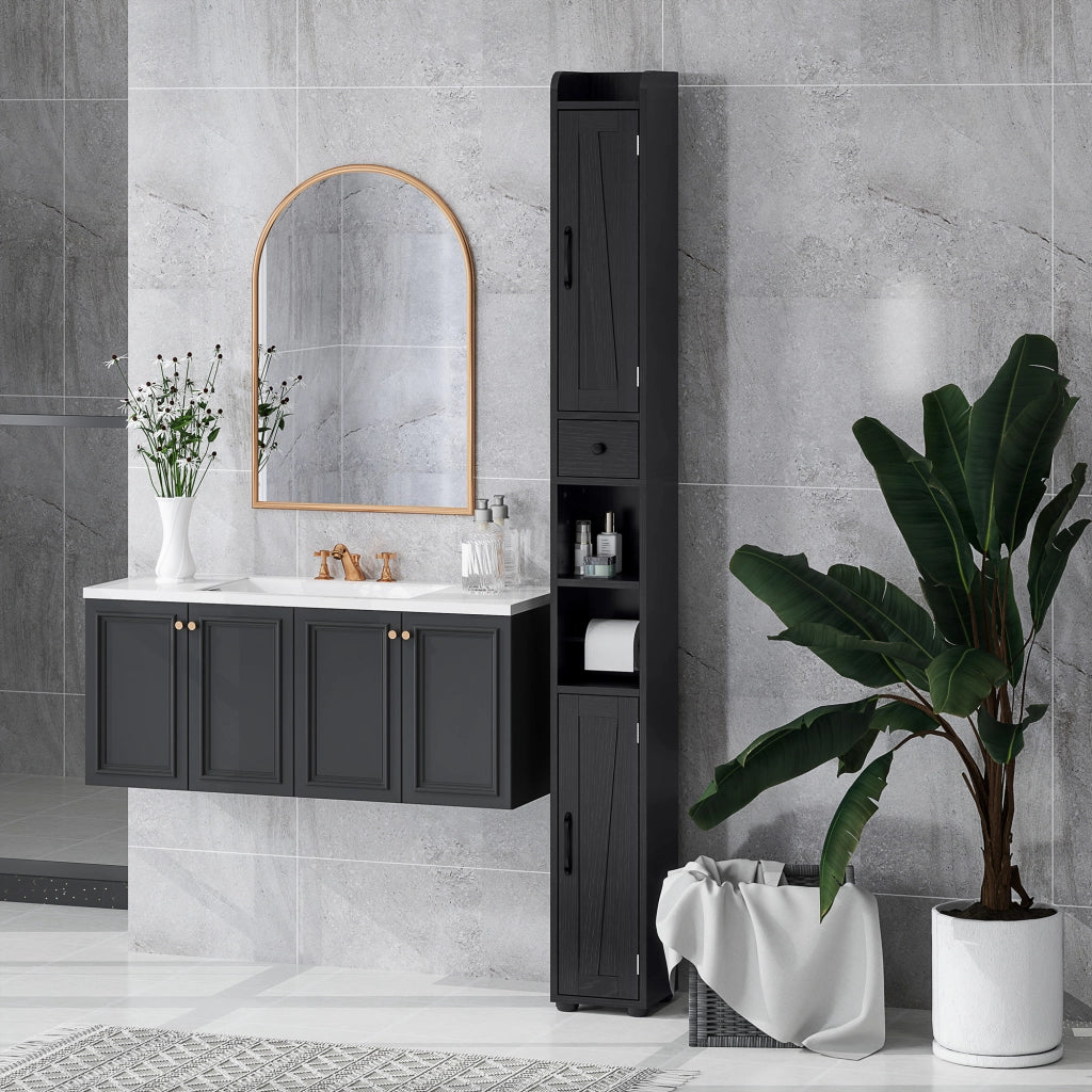 Colonna Bagno 2 Ante con Ripiani Regolabili e Portarrollos ¨C zephmum ¨C 20x20x185 cm Nero