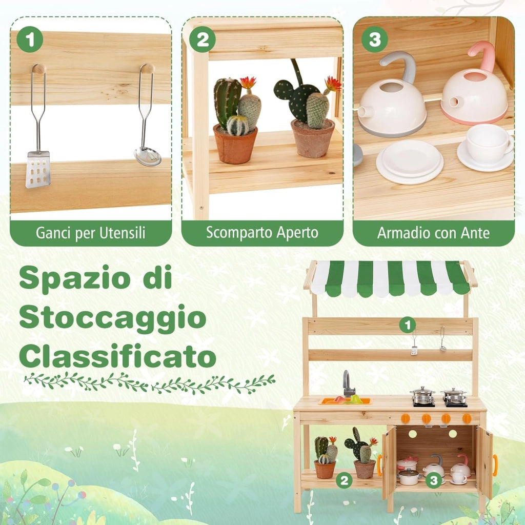 Cucina Giocattolo per Giardino in Legno di Abete, Cucina per Fango da Esterno con Tettoia, Fornelli, Ganci, 4 Lavagne e Lavello, Set Cucina con 5 Accessori, 88 x 39 x 117 cm