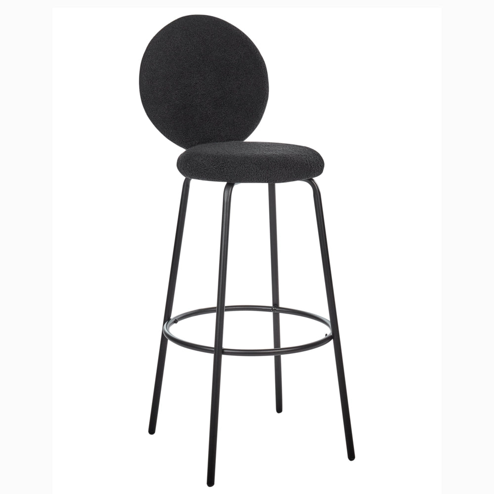 Set di 2 sedie da bar bouclé nero con gambe in acciaio e schienale rotondo soggiorno salotto