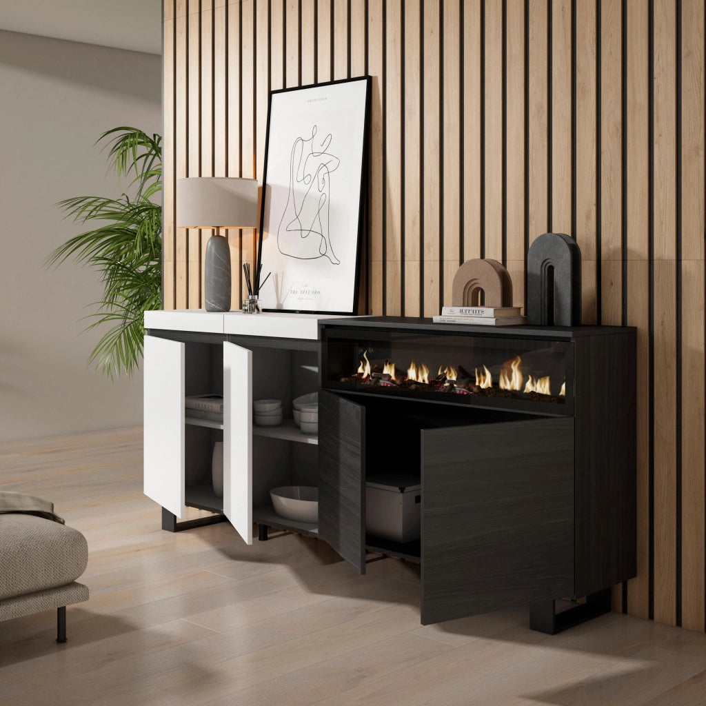 Credenza, Mobile, 200x35x87cm, 4 Porte, Camino elettrico, Design industriale, Bianco e nero RF2398