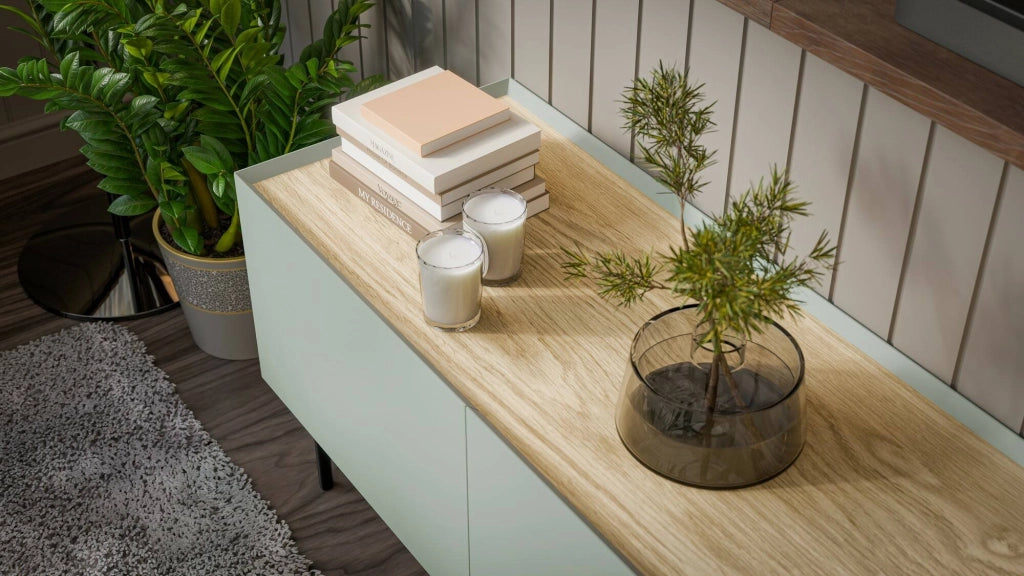 Credenza Sagrado, Madia da salotto con quattro ante battenti e vani interni, Rialzata da terra, 200x40 h70 cm, Verde e Rovere