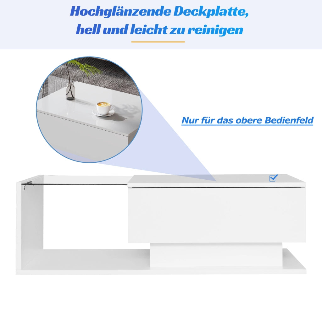 Tavolino da caffè bianco lucido con vetro; cassetto e LED Bluetooth 100x50x32 cm