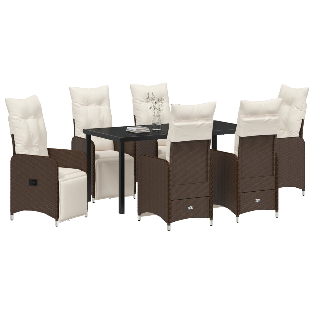 Set da Pranzo da Giardino 7 Pezzi con Cuscini Marrone Polyrattan