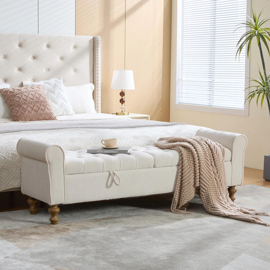 Panca da letto, panca per cambiarsi le scarpe, con vano portaoggetti, rivestimento in similpelle scamosciata, con braccioli, gambe in legno di gomma, beige
