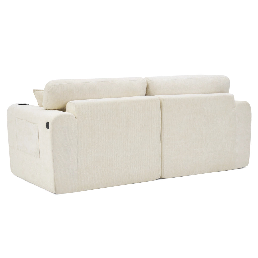Divano relax 2 Posti con USB, tasca laterale, portabicchieri e cuscini, in Chenille, Beige