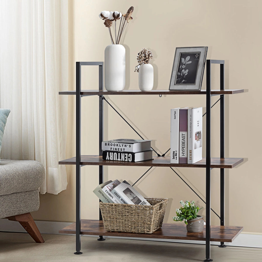 Libreria stile industriale con struttura in metallo-Scaffale multiuso con 3 ripiani per piante e fiori Marrone