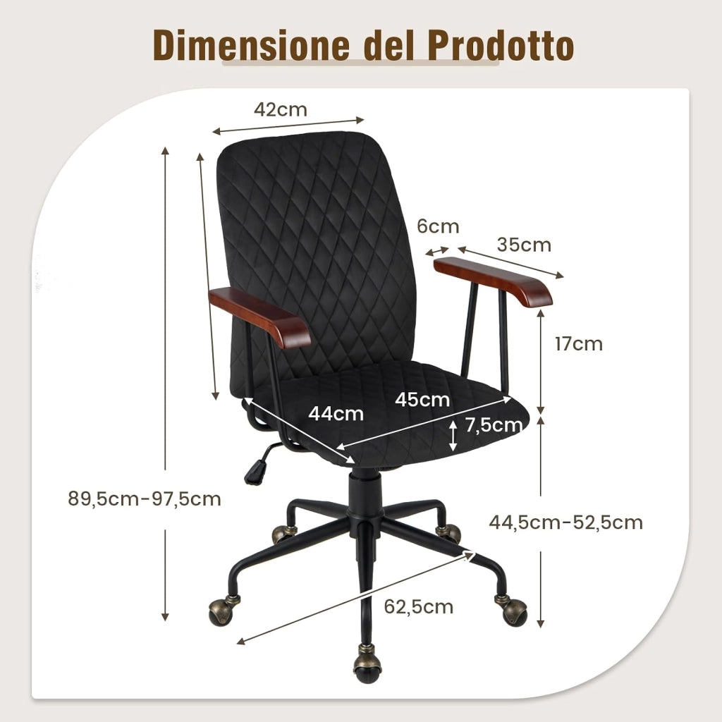Sedia Girevole in Velluto, Sedia da Ufficio con Altezza Regolabile e Schienale, con Braccioli in Gomma e Ruote in Rame, Carico Massimo 150 kg (Nero)
