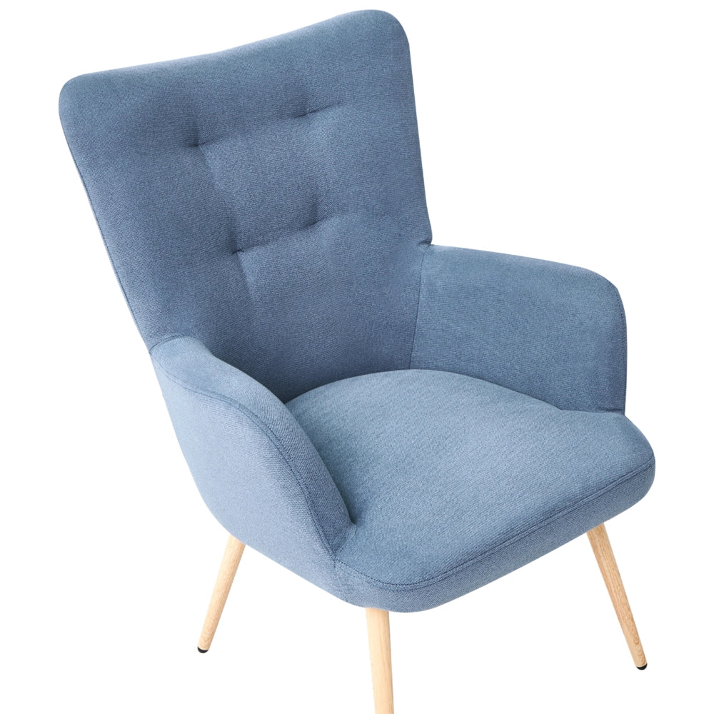 Poltrona Wingback con poggiapiedi in tessuto blu stile retrò con bottoni