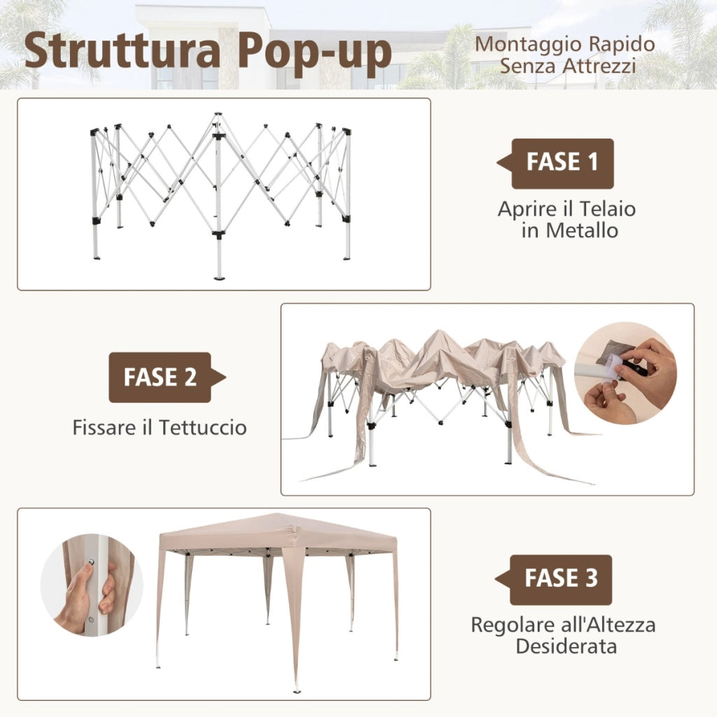 Tenda a baldacchino esagonale 400 x 348 cm, Gazebo da campeggio pesante regolabile in altezza con gambe rivestite Kaki