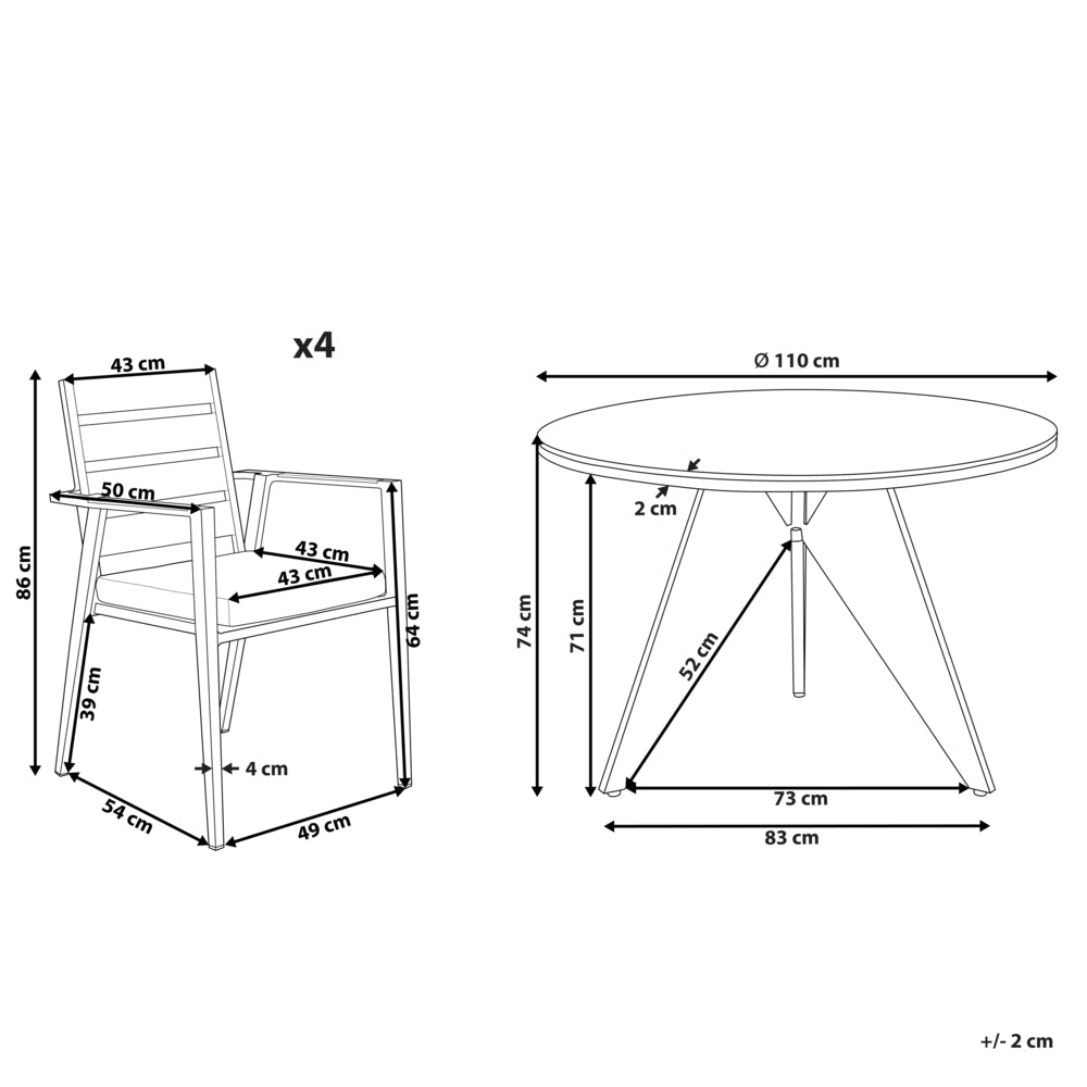 Set di mobili da esterno tavolo rotondo da pranzo nero 110 cm in alluminio e legno sintetico 4 sedie cuscini grigi