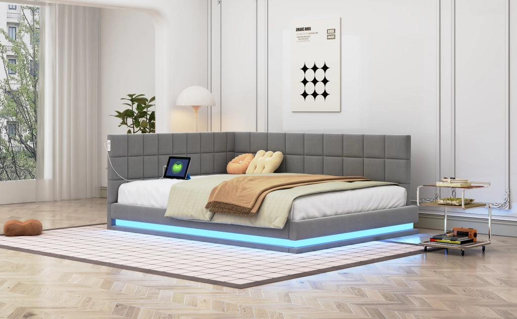 DESMIU Divano letto 140 × 200 cm 2 posti con LED, USB e rete, senza materasso, in lino, grigio