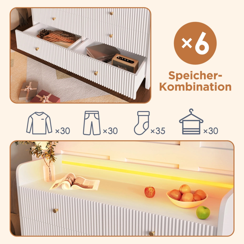 OKWISH Cassettiera Credenza con 6 Cassetti e 1 Vano Aperto, LED, Frontale Ondulato, per Soggiorno o Camera 120 x 40 x 75 cm