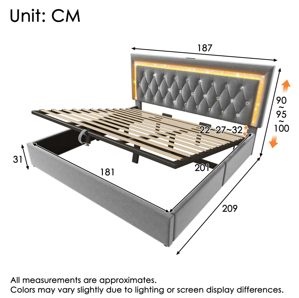 Letto matrimoniale 180x200 cm in velluto grigio con LED; USB e USB-C; contenitore idraulico