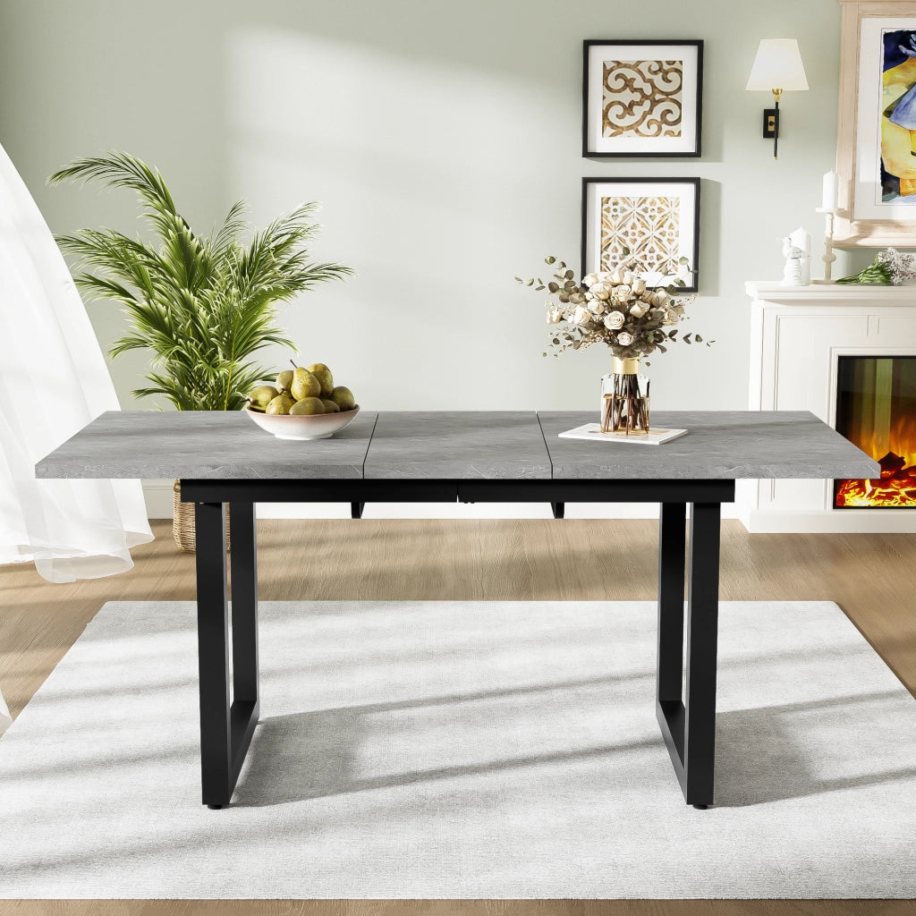 Tavolo da pranzo allungabile stile industriale, piano in MDF effetto cemento, struttura in metallo, grigio e nero