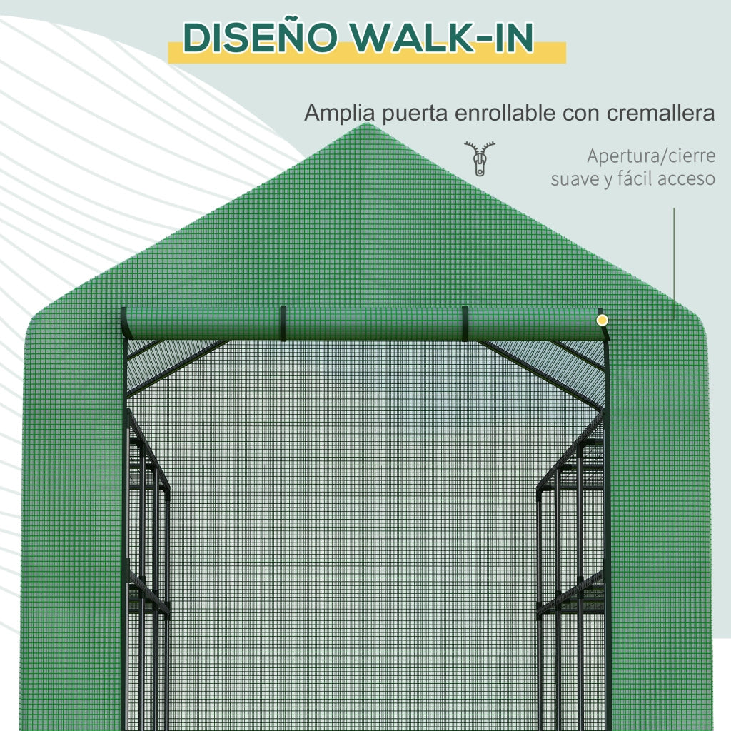 Serra da Giardino con 4 Ripiani - Xylo - Struttura in Acciaio, Porta con Cerniera, Verde 244x180x210cm
