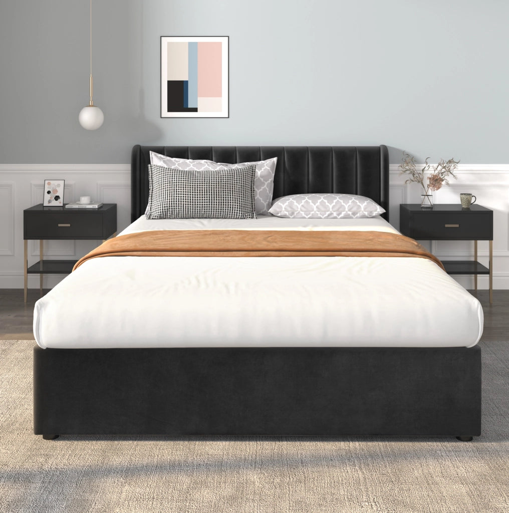 Letto in velluto nero 140x200 cm con 2 cassetti