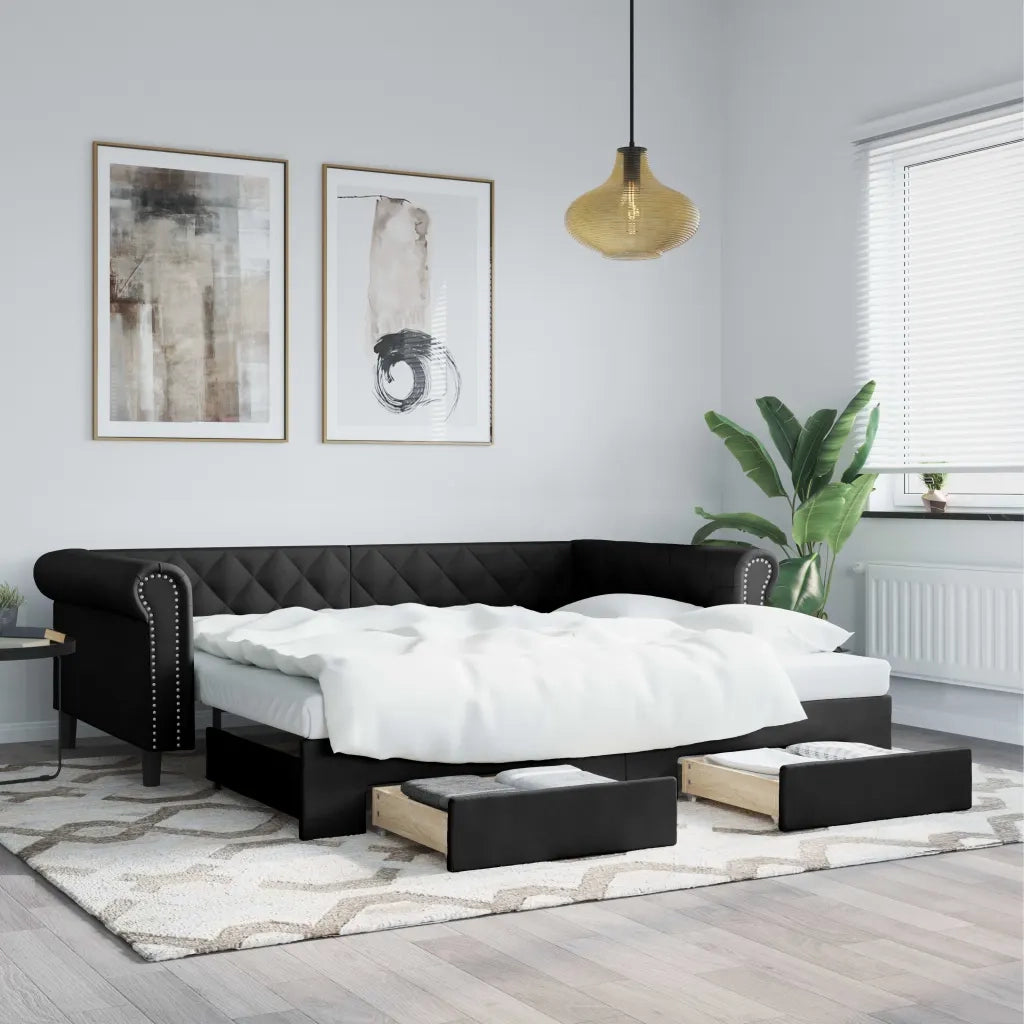Divano Letto Estraibile con Cassetti-Sofa Letto-Daybed Nero 90x200 cm Similpelle