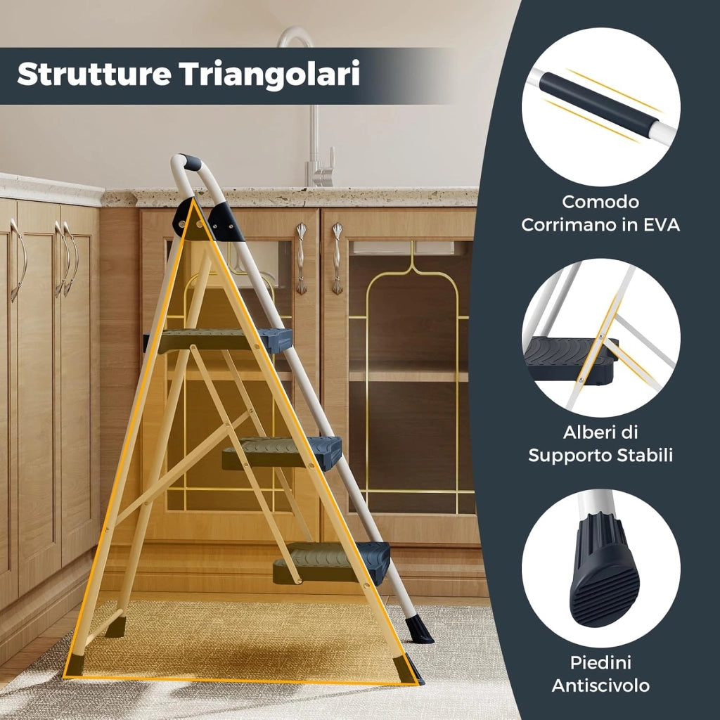 Scala a 3 Gradini, Scaletta Pieghevole in Acciaio con Corrimano Imbottito, Pedale Antiscivolo e Blocco di Sicurezza, per Cucina, Giardino e Ufficio, Portata 360 kg (Blu + Bianco)