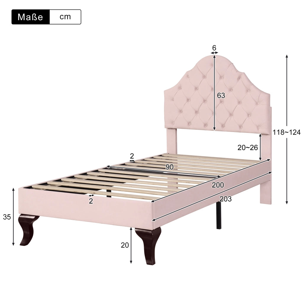 OKWISH Letto Singolo 90×200 cm con Testiera Regolabile e Rete a Doghe, senza Materasso, in Velluto, Rosa