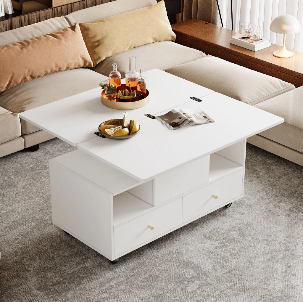 Tavolino da caffè 100x50x47;5 cm sollevabile e pieghevole in MDF bianco
