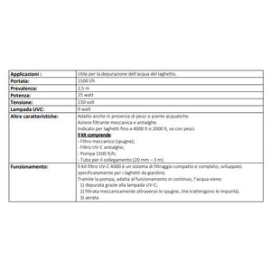 Filtro e pompa per laghetti e piscine set con uvc integrato 4000