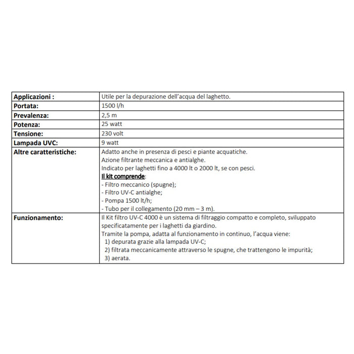 Filtro e pompa per laghetti e piscine set con uvc integrato 4000