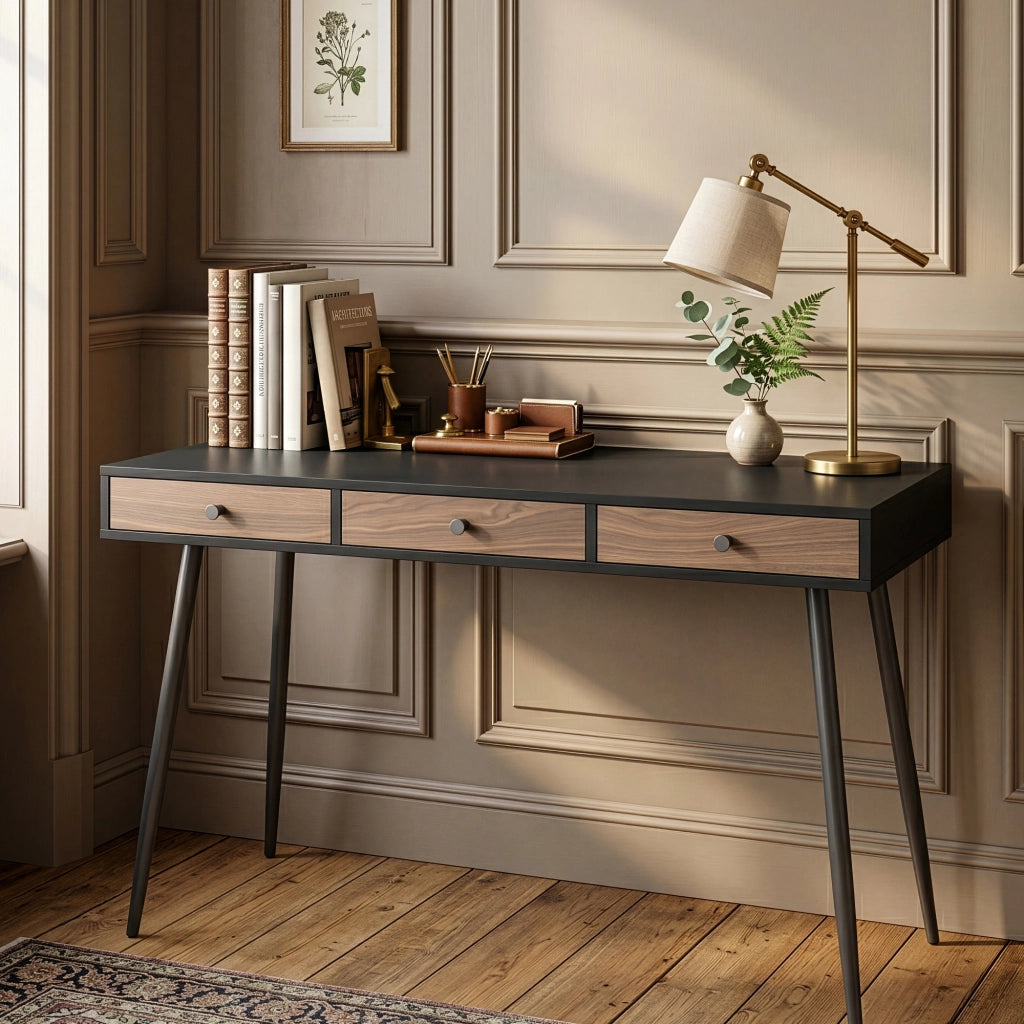 Scrivania Tumba con 3 Cassetti 115 x 48 x 76 cm - Nero/Effetto Noce [en.casa]